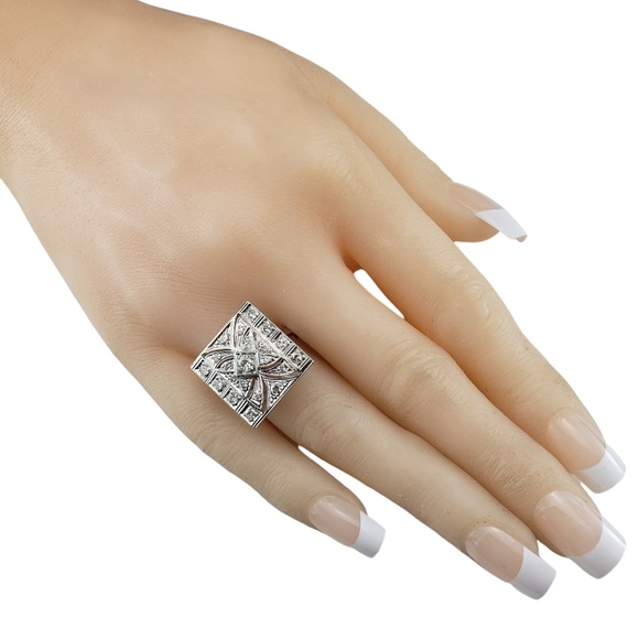 Platinum and Diamond Tile Ring with Milgrain Edges Size 6.5 #18860 - Picture 6 of 8